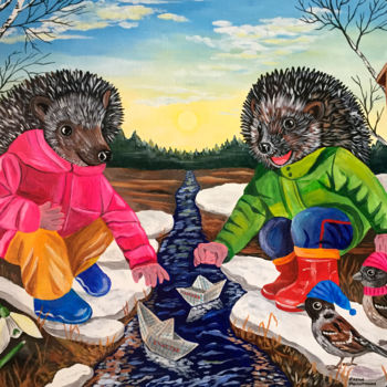 「Ёжики весной」というタイトルの絵画 Елена Филаткинаによって, オリジナルのアートワーク, アクリル ウッドストレッチャーフレームにマウント