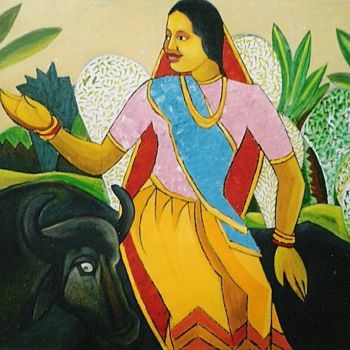 Pittura intitolato "Rural girl" da Barindam Bose, Opera d'arte originale, Olio