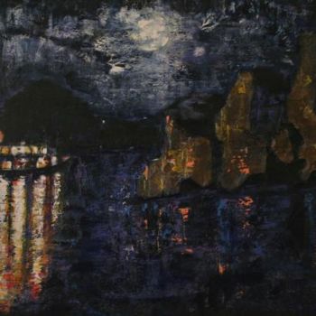 Schilderij getiteld "Bateau de nuit" door Baron Samdi, Origineel Kunstwerk, Olie