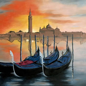 Painting titled "San-Giorgio-Maggior…" by René Barranco, Original Artwork, Oil Mounted on Wood Stretcher frame