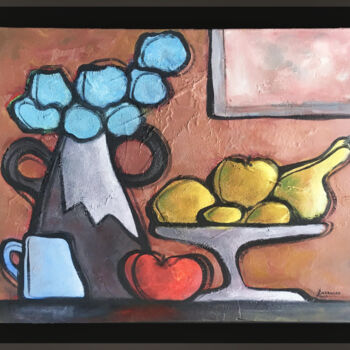 Painting titled "Fruits et fleurs" by René Barranco, Original Artwork, Oil Mounted on Wood Stretcher frame