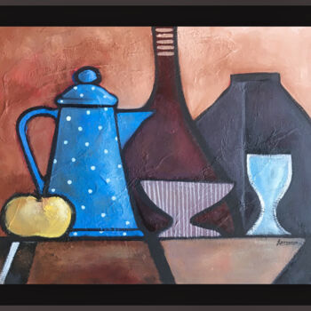 Peinture intitulée "La cafetière bleue" par René Barranco, Œuvre d'art originale, Huile Monté sur Châssis en bois