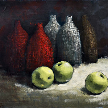Картина под названием "Bottles and apples" - Rogin Viacheslav (Bashlyk), Подлинное произведение искусства, Масло