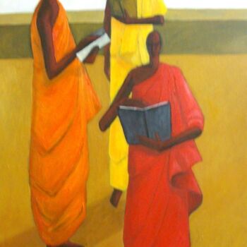 Painting titled "Following Footsteps…" by Basil Cooray, Original Artwork, Oil Mounted on Wood Stretcher frame