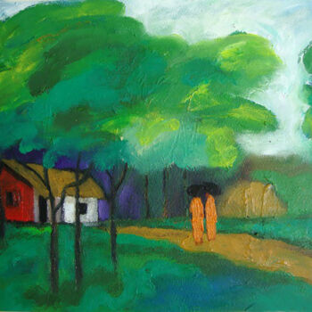 Painting titled "Village Life - Wind…" by Basil Cooray, Original Artwork, Oil Mounted on Wood Stretcher frame