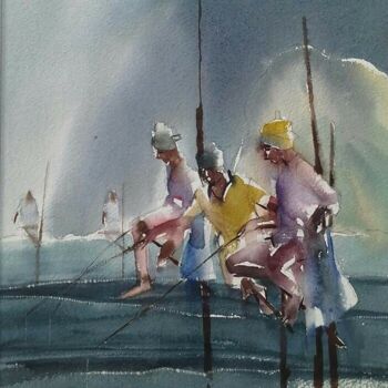Painting titled "Life at Sea - Fight…" by Basil Cooray, Original Artwork, Watercolor Mounted on Glass