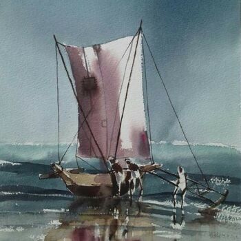 Peinture intitulée "Life at Sea - End o…" par Basil Cooray, Œuvre d'art originale, Aquarelle Monté sur Verre