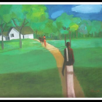 Painting titled "The Village - Going…" by Basil Cooray, Original Artwork, Oil Mounted on Wood Stretcher frame