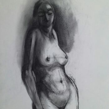 Painting titled "Solitude - Disappoi…" by Basil Cooray, Original Artwork, Charcoal Mounted on Glass