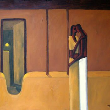 Painting titled "A New Love - The Em…" by Basil Cooray, Original Artwork, Oil Mounted on Wood Stretcher frame