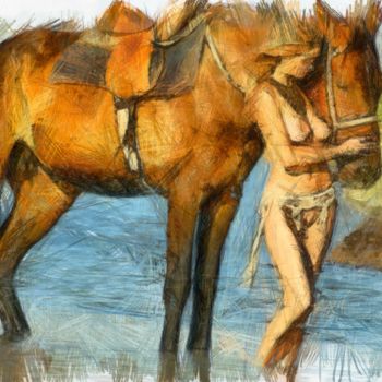 Drawing titled "femme cheval plage-…" by Basilo Enesto, Original Artwork