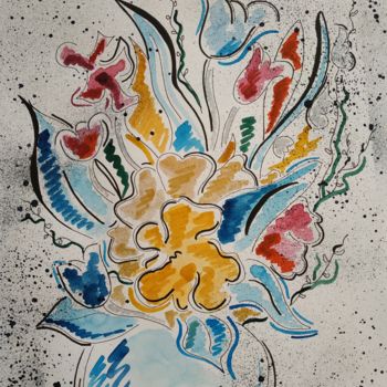 Peinture intitulée "BOUQUET JAUNE ET BL…" par Caroline Chanal Battesti, Œuvre d'art originale, Aquarelle