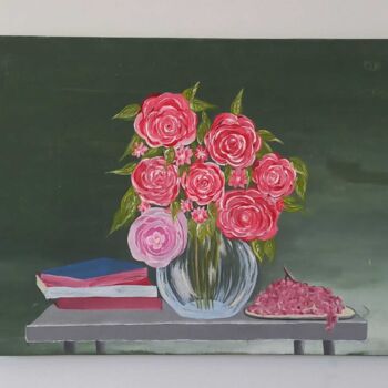 Painting titled "Flowers, Books and…" by Bayan Mahdi, Original Artwork, Acrylic