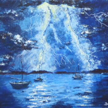 Painting titled "orage et bateaux" by Marie Baysset, Original Artwork, Acrylic Mounted on Wood Stretcher frame