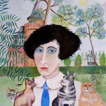 Painting titled "colette et ses chats" by Francoise Bazin, Original Artwork