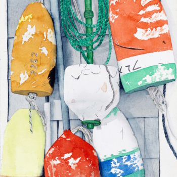 Painting titled "Lobster Buoys" by Benoit Donne, Original Artwork, Watercolor