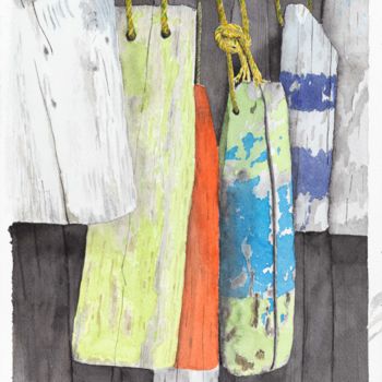 Painting titled "Wooden Buoys" by Benoit Donne, Original Artwork, Watercolor
