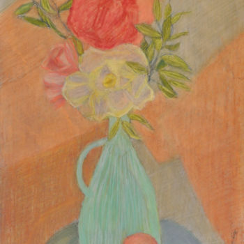 Disegno intitolato "VASE DE FLEURS BLEU…" da B De Lavaulx, Opera d'arte originale, Pastello