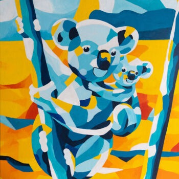 Painting titled "Koala with Baby" by Beate Blume, Original Artwork, Acrylic Mounted on Wood Stretcher frame