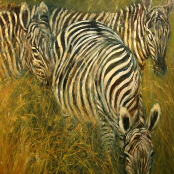 Painting titled "3 zebres" by Béatrice Farge, Original Artwork, Oil