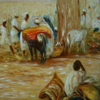 Painting titled "marché africain" by Béatrice Farge, Original Artwork, Oil Mounted on Wood Stretcher frame