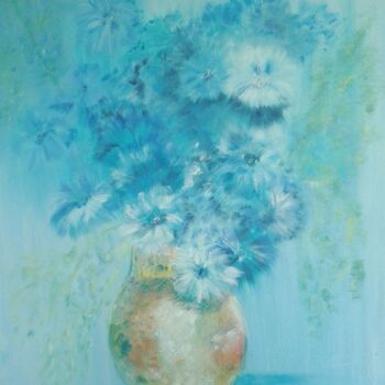 Painting titled "fleurs bleues" by Beatrice Auriol Besombes, Original Artwork, Oil Mounted on Wood Stretcher frame