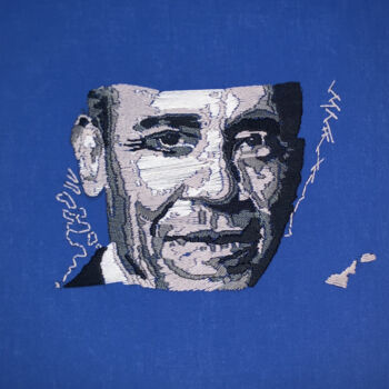 Sztuka tkaniny zatytułowany „Barak Obama” autorstwa Béatrice Beraud, Oryginalna praca, Haft Zamontowany na Karton