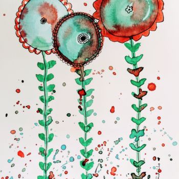 Pintura titulada "Flores en rojo y az…" por Beatriz Astudillo, Obra de arte original, Acuarela