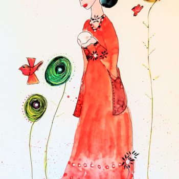 Painting titled "Mujer con esfera de…" by Beatriz Astudillo, Original Artwork, Watercolor