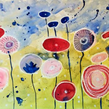 Painting titled "Campos de flores" by Beatriz Astudillo, Original Artwork, Watercolor