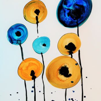 Pintura titulada "Flores en azul y am…" por Beatriz Astudillo, Obra de arte original, Acuarela