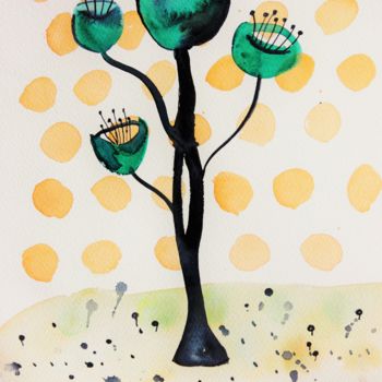 Pintura titulada "Árbol con flores ve…" por Beatriz Astudillo, Obra de arte original, Acuarela
