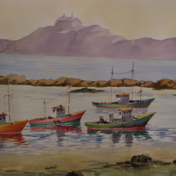 Painting titled "Puerto de pescadores" by Beatriz Elena Hoyos H, Original Artwork, Watercolor