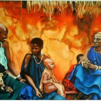 Schilderij getiteld "VILLAGE MASAI KENIA" door Aurore Alexis, Origineel Kunstwerk, Olie
