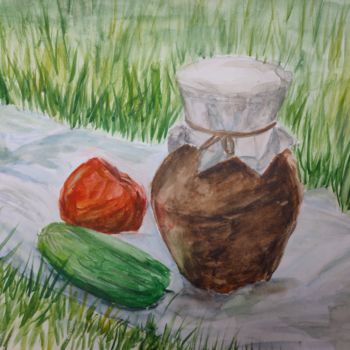 Картина под названием "Обед в поле" - Татьяна Скворцова, Подлинное произведение искусства, Акварель