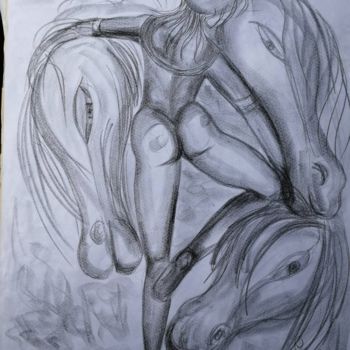 Desenho intitulada "Loving Horses ©" por Bega, Obras de arte originais, Carvão
