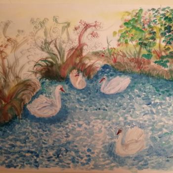 Painting titled "Le Lac des Cygnes ©" by Bega, Original Artwork, Watercolor