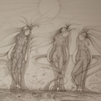Dessin intitulée "Les Demoiselles sur…" par Bega, Œuvre d'art originale, Encre