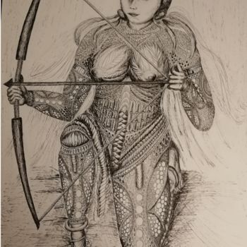 Drawing titled "Femme Archer ©" by Bega, Original Artwork, Ink