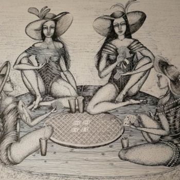 Σχέδιο με τίτλο "Partie de cartes ©" από Bega, Αυθεντικά έργα τέχνης, Μελάνι