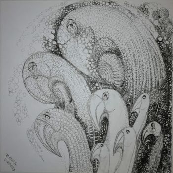 Dessin intitulée "Vagues de volatiles…" par Bega, Œuvre d'art originale, Encre