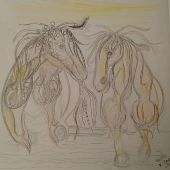 Dessin intitulée "Deux chevaux  ©" par Bega, Œuvre d'art originale, Crayon