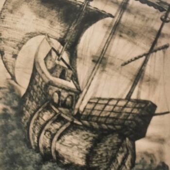 Zeichnungen mit dem Titel "Le navire dans la t…" von Bega, Original-Kunstwerk, Tinte