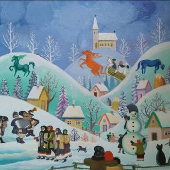 Schilderij getiteld "Romanian winter" door Bejinari Florin, Origineel Kunstwerk, Olie