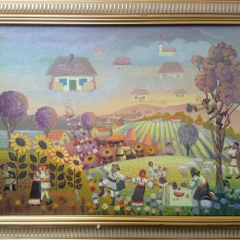 Painting titled "Village between the…" by Bejinari Florin, Original Artwork, Oil