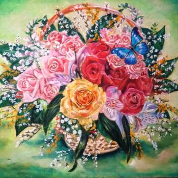 Картина под названием "розы в корзине" - Бекер, Подлинное произведение искусства, Масло