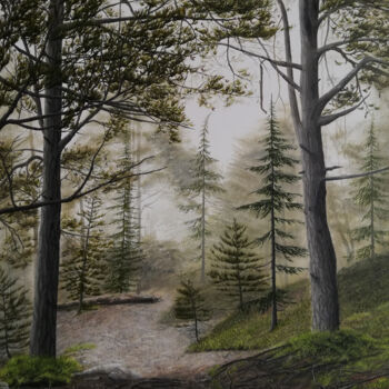 Painting titled "Misty Forest" by Bekir İSlam, Original Artwork, Pigments Mounted on Wood Stretcher frame