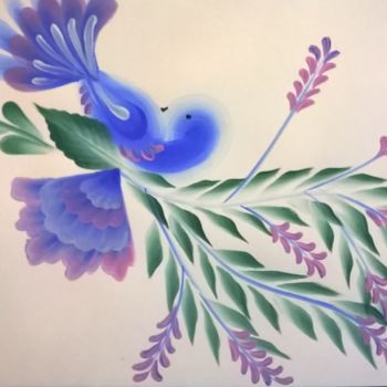 Painting titled "Oiseau exotique bleu" by Rebecca Smith, Original Artwork, Acrylic