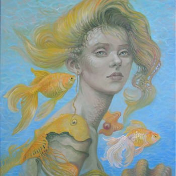 Schilderij getiteld "Marmaid - To Wishes" door Izabela Krzyszkowska Kiełek, Origineel Kunstwerk, Olie