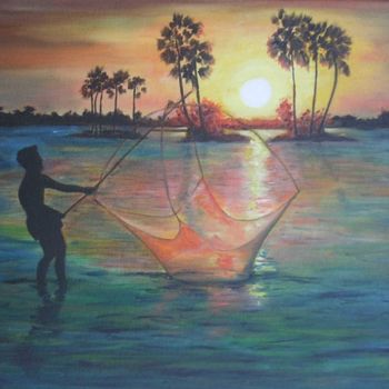 Painting titled "Pêche en Thailande" by Danielle Belle Josse, Original Artwork